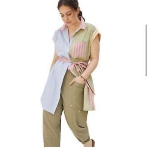 Maeve Colorblock Stripe Mini Dress in Pastel Blue, Pink & Olive